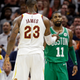 Cleveland Cavaliers' LeBron James and Boston Celtics' Kyrie Irving, right, shake hands after the Cavaliers defeated the Celtics in the second half of an NBA basketball game, Tuesday, Oct. 17, 2017, in Cleveland. The Cavaliers won 102-99. (AP Photo/Tony Dejak)